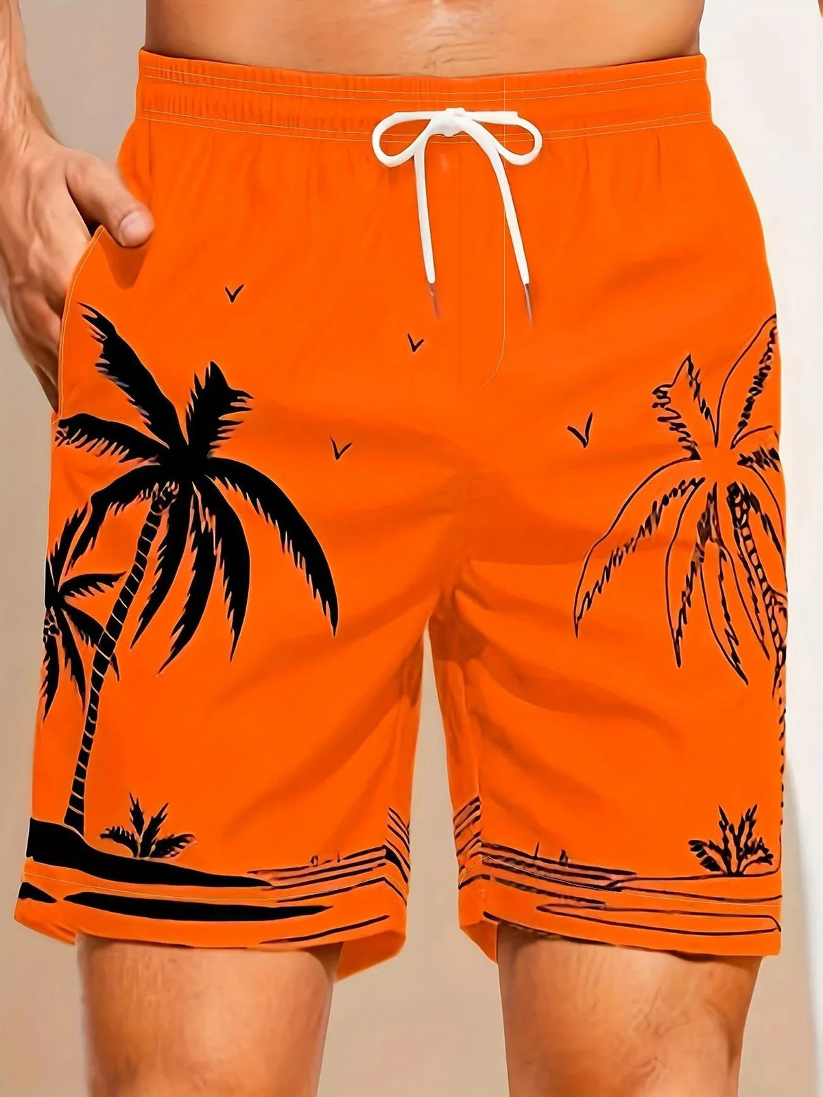 Men's micro-elastic quick-drying swimming trunks in polyester fabric showing colour and fit details