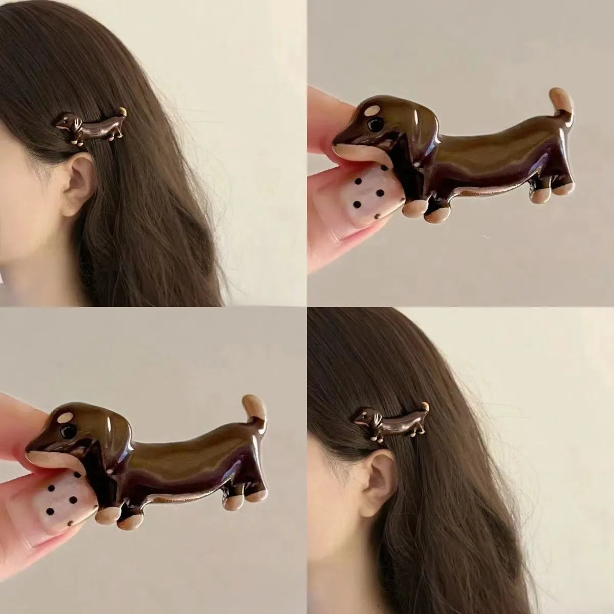 Dachshund dog design cute hair barrettes with a loose delicate style on a mixed material clip.