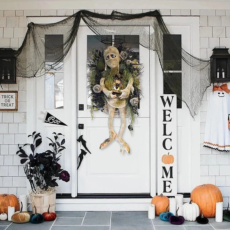 Realistic Mummy Halloween Wreath with skeleton hands for spooky door decoration