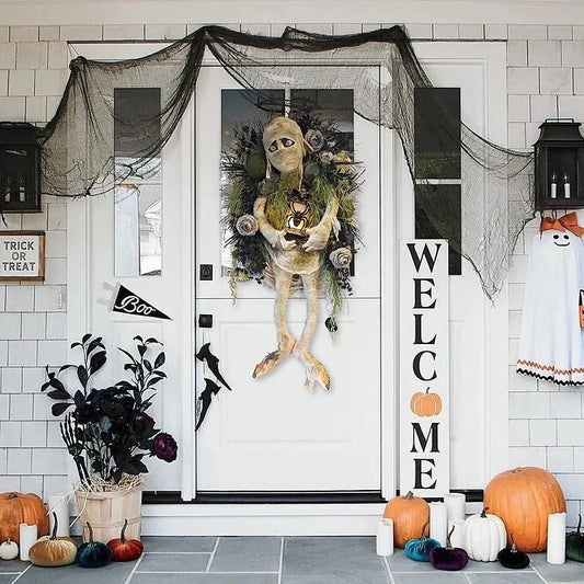 Realistic Mummy Halloween Wreath with skeleton hands for spooky door decoration