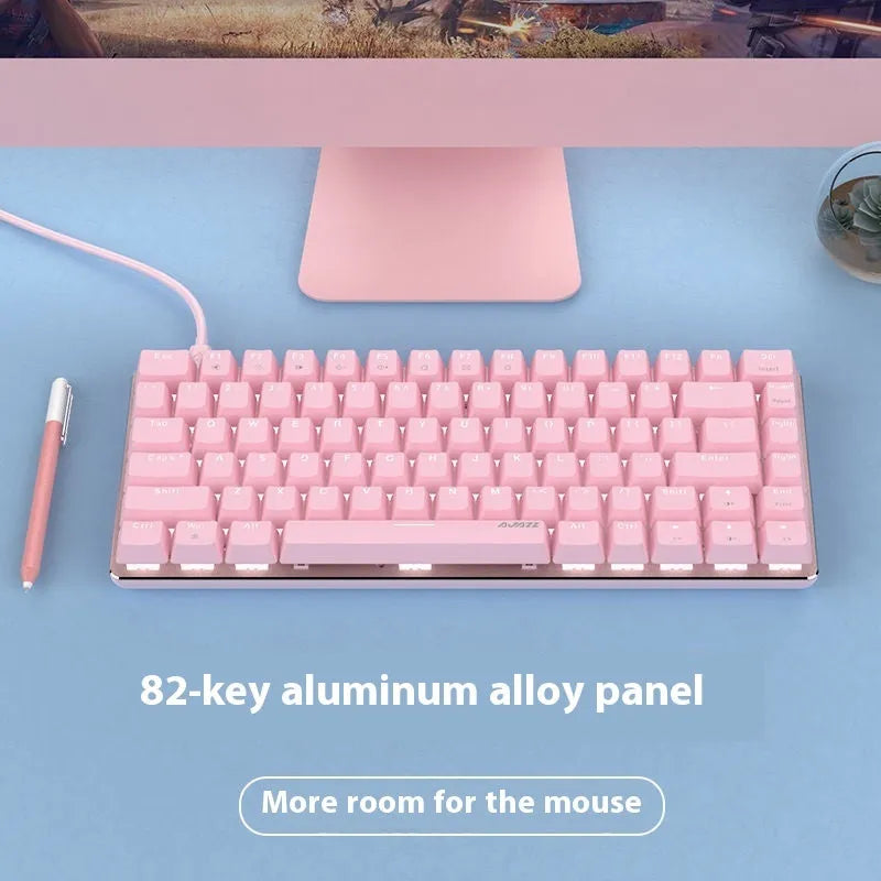 Pink mechanical keyboard with 82 keys and white backlight illumination on a desk.