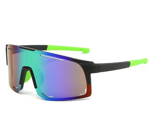 Square cycling sunglasses in black, blue, green, pink, or white frame with various lens films