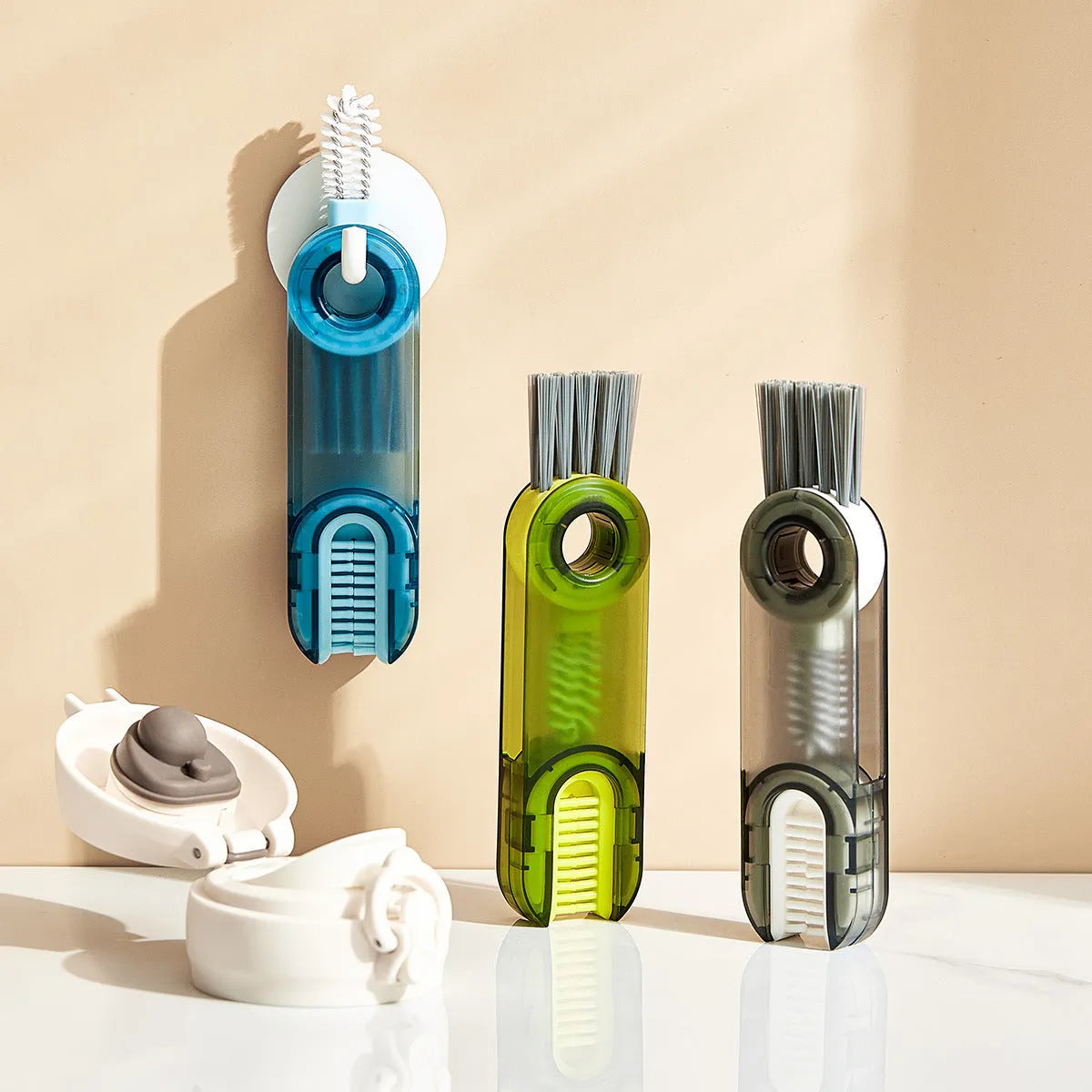 Transparent green 3-in-1 cup lid cleaning brush with spiral design for hard-to-reach crevices
