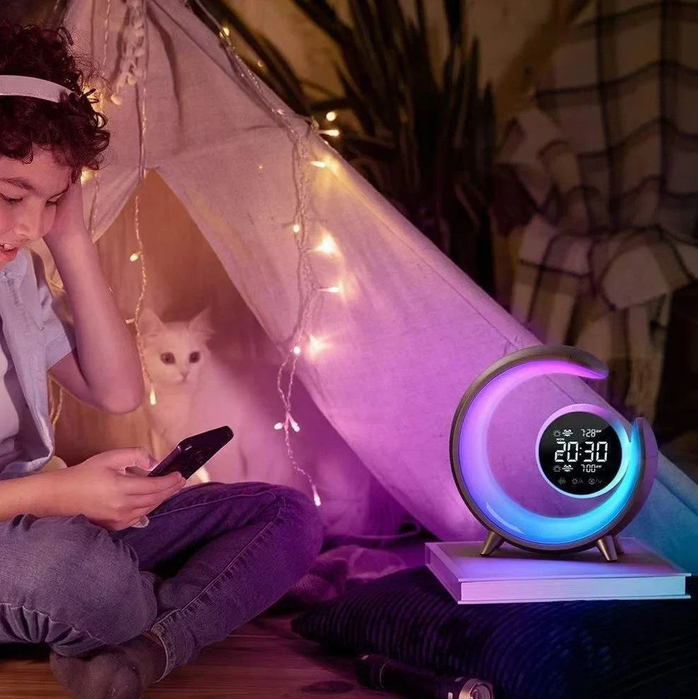 White noise dual alarm clock with heart shape, RGB display, and touch controls measuring 220x65x225mm