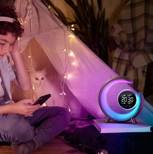 White noise dual alarm clock with heart shape, RGB display, and touch controls measuring 220x65x225mm