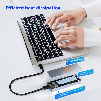 Silver aluminium M.2 NVMe SSD external enclosure with USB Type-C port, cables, and screwdriver on a desk.