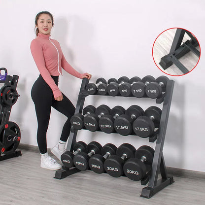 Compact three-layer dumbbell rack for efficient fitness equipment organization