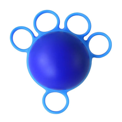 Blue four-finger grip training ball showing 10x9cm spherical design with silicone sleeve