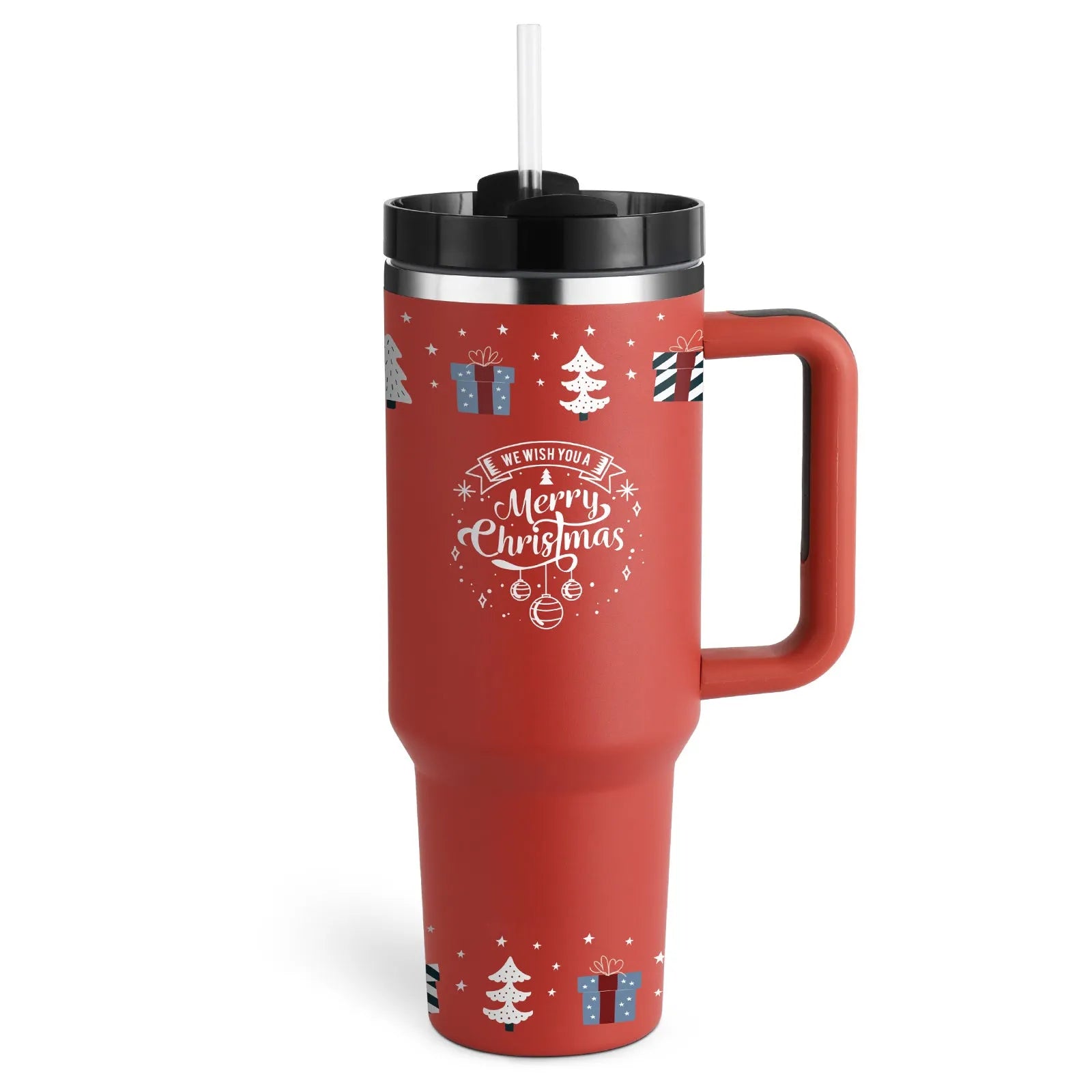40 oz stainless steel insulated tumbler with handle and straw in tapered mug design