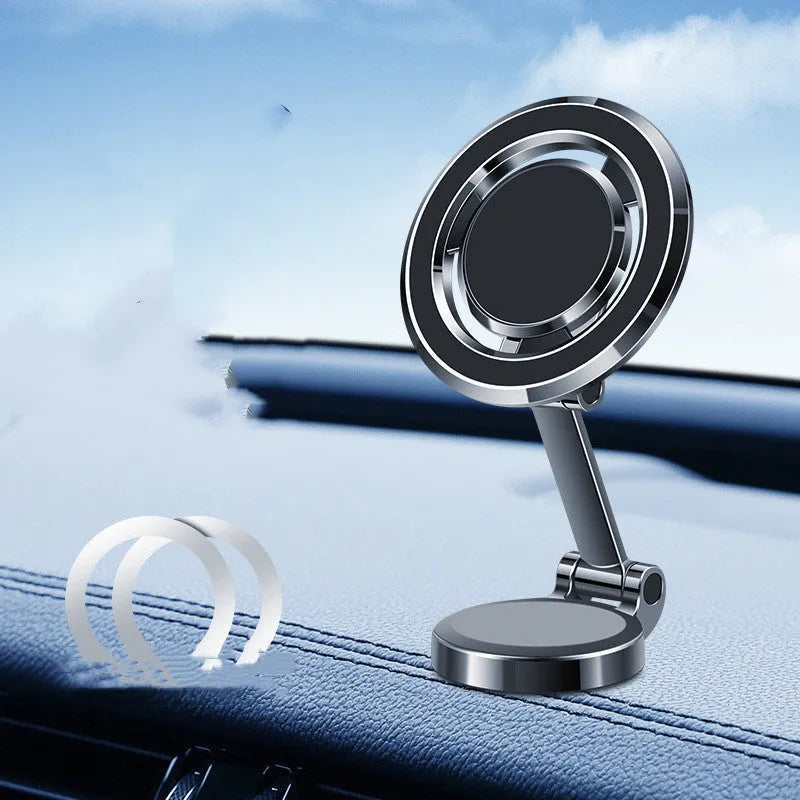 Obsidian black car phone holder with flexible arm and magnetic plate mounted on a car dashboard.