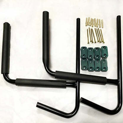 Carbon steel kayak wall hanger rack for mounting surfboards and paddleboards on a garage wall.