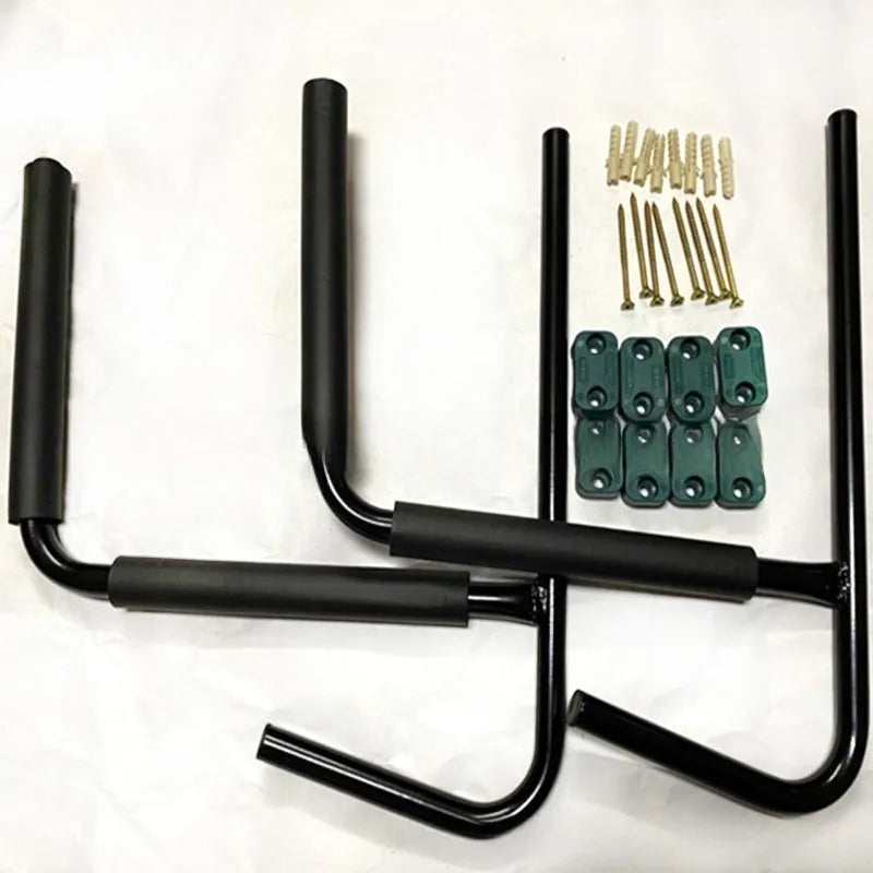 Kayak wall hanger rack for secure surfboard, SUP paddleboard or canoe storage, made from durable carbon steel with dimensions of 43cm wide by 38cm high by 6cm deep for mounting kayaks safely on walls or garage ceilings.
