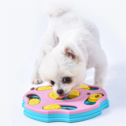 Blue dog puzzle feeder toy with food compartments and interactive searching games