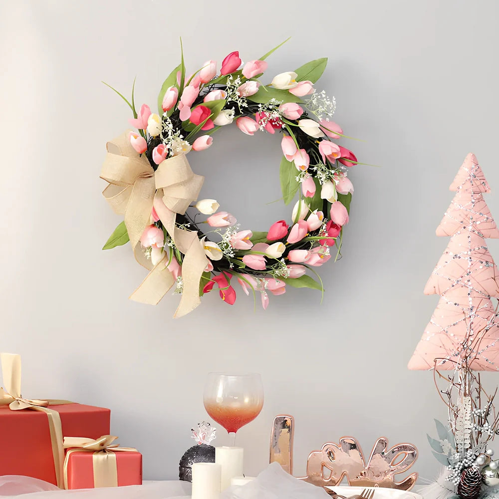 Two-colour tulip wreath measuring 45cm diameter with 11cm depth, seasonal floral garland for Valentine's Day and Easter decoration