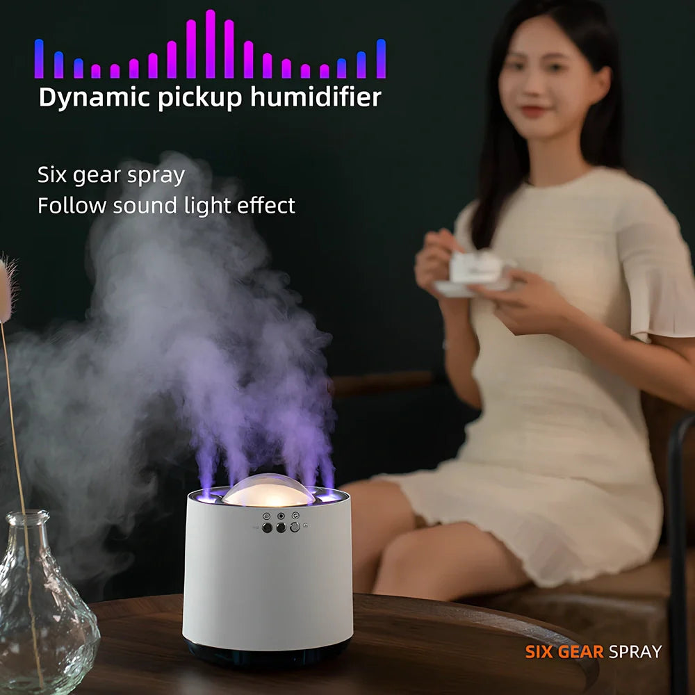 White ultrasonic humidifier with 7-colour LED lights showing dimensions 124x124x135mm