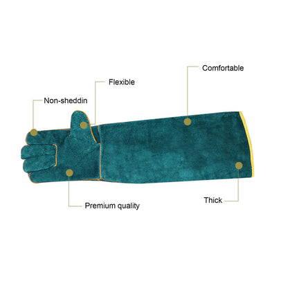 Dark green cowhide leather animal handling gloves with extended sleeve cuffs