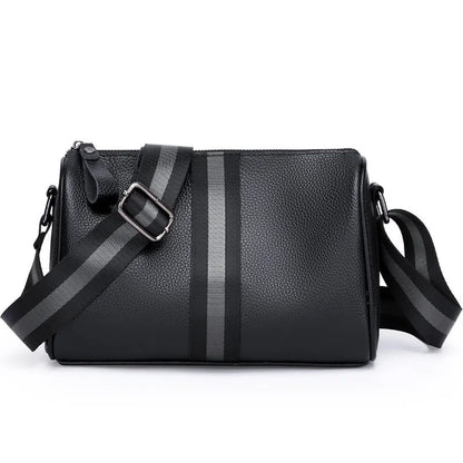 Black genuine leather one-shoulder crossbody bag with dimensions 24cm wide by 16cm high.