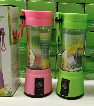 Portable USB rechargeable blender with pink colour option showing cup and six-blade design