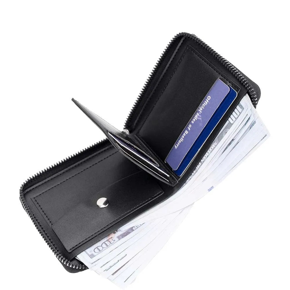 Leather anti-theft zipper wallet in black or brown with embossing pattern and credit card slots
