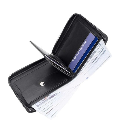 Leather anti-theft zipper wallet in black or brown with embossing pattern and credit card slots