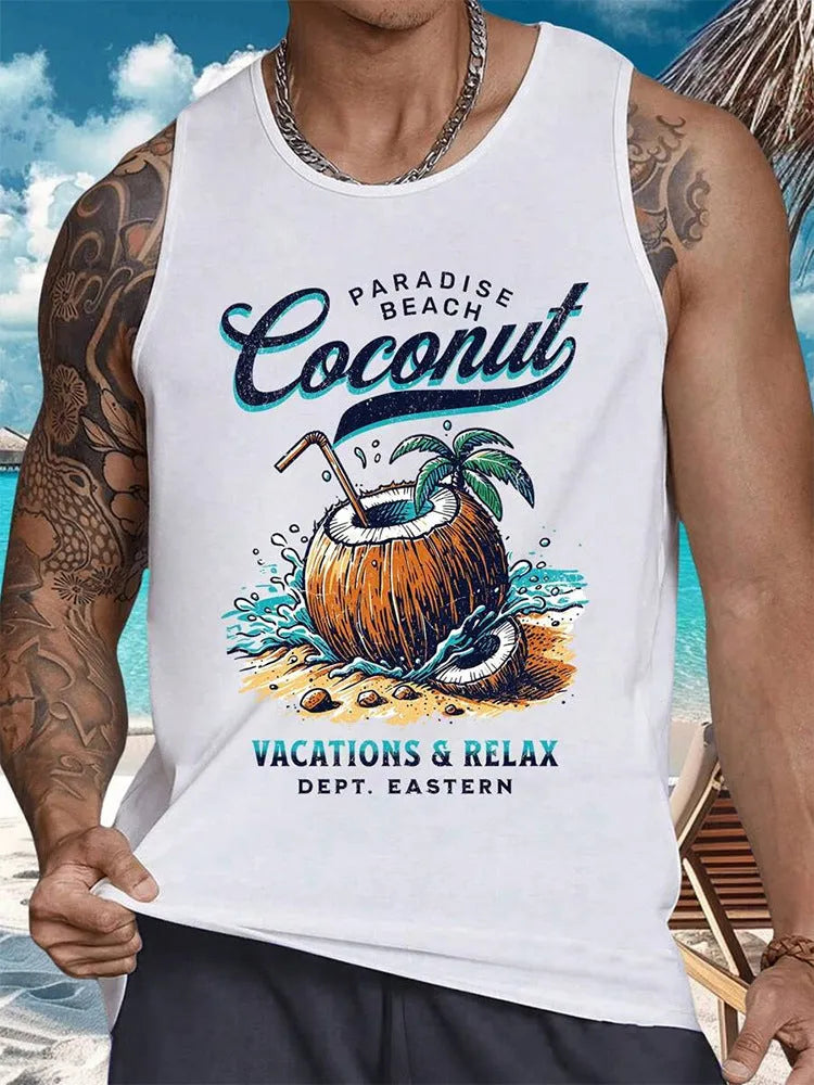 Men's solid colour Hawaiian-style sleeveless vest with 3D printed design in polyester fabric