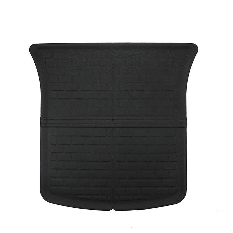 Tesla Model Y TPR floor mat set showing foot mats, storage box mats, and tailbox mats
