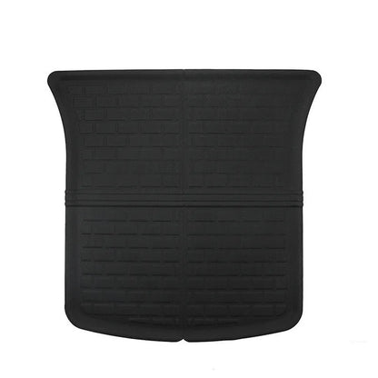 Tesla Model Y TPR floor mat set showing foot mats, storage box mats, and tailbox mats