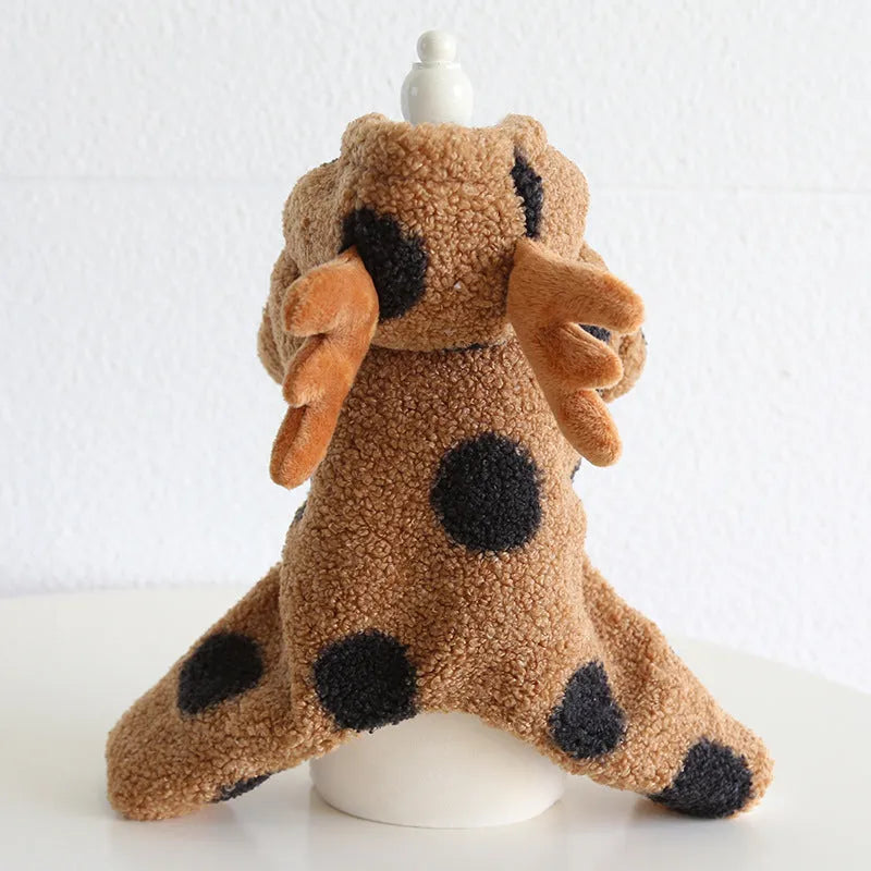 Polka dot elk design pet clothing for cat or dog, shown in four-leg and skirt style options.