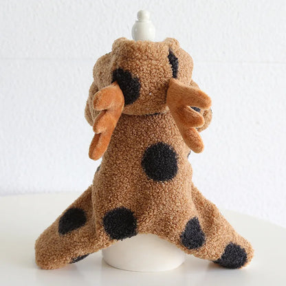 Polka dot elk design pet clothing for cat or dog, shown in four-leg and skirt style options.