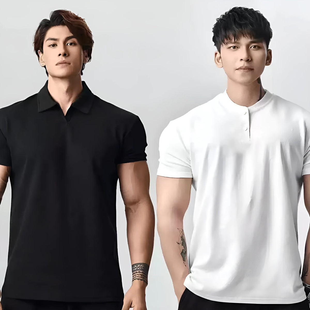 Men's loose fit retro T-shirt shown in black with a Henry collar on a mannequin.