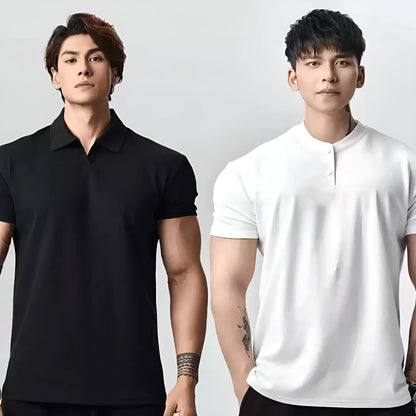 Men's loose fit retro T-shirt shown in black with a Henry collar on a mannequin.