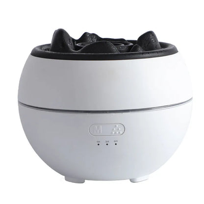 White flame aroma diffuser humidifier with round shape on wooden desk