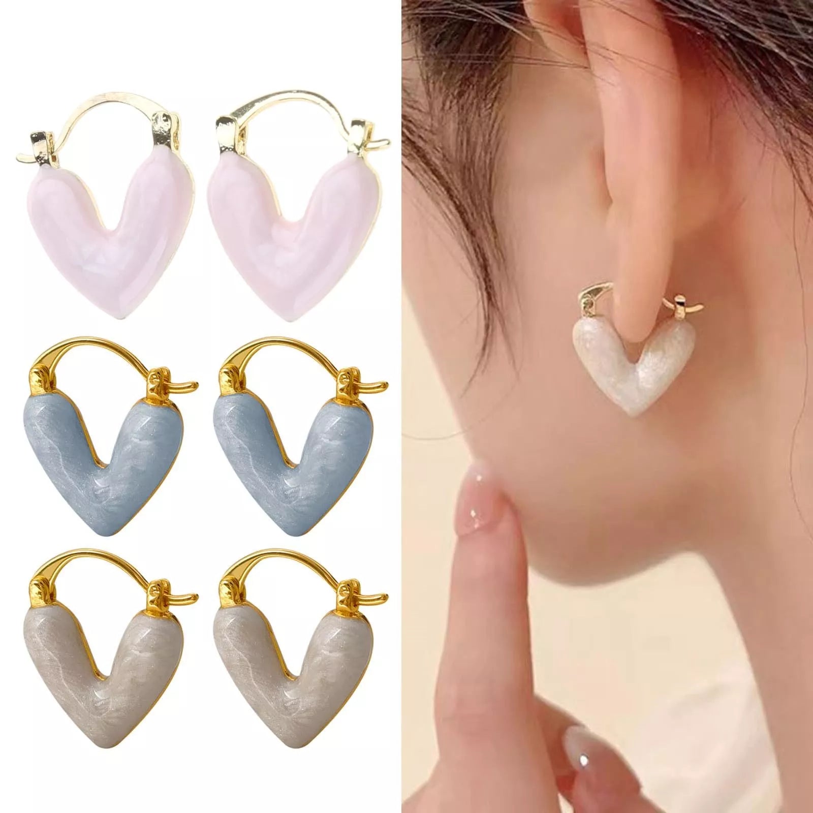 Heart-shaped alloy drop earrings with electroplating in white, pink, blue, and gold