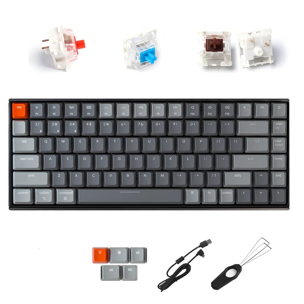 Grey 87-key mechanical keyboard with white backlight showing USB, Bluetooth and Type-C connectivity ports