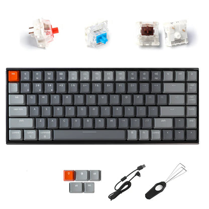 Grey 87-key mechanical keyboard with white backlight showing USB, Bluetooth and Type-C connectivity ports