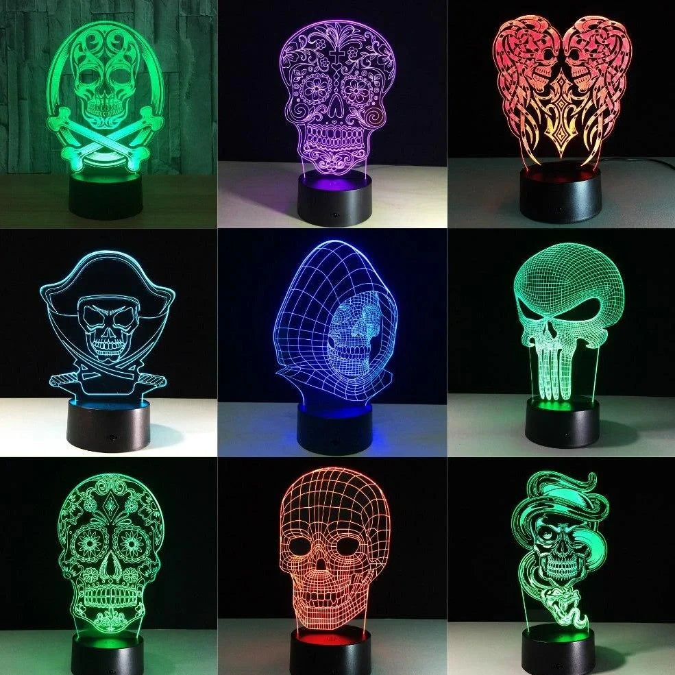 3D holographic skull LED night light with colour-changing options on black ABS base