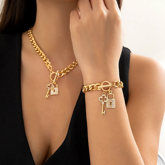 Stylish lock and key pendant necklace with a delicate chain, available in a variety of colors and materials