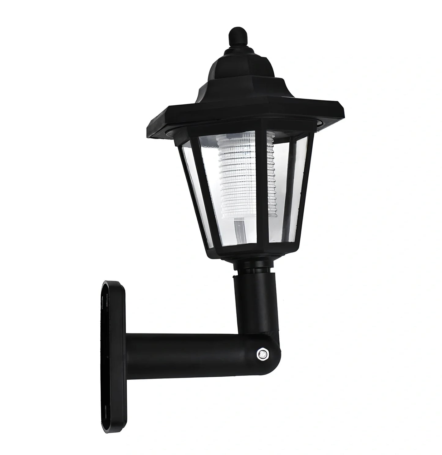 Black hexagonal solar wall lamp with monocrystal silicon panel and automatic light sensor for outdoor use