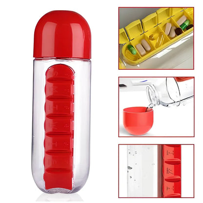 Black wrist capsule water cup showing integrated medicine compartment and safety buckle closure