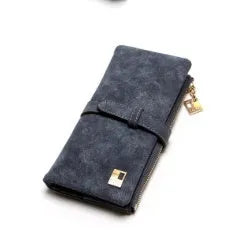 Korean-style retro matte leather long wallet in army green with zip closure and multiple interior card slots