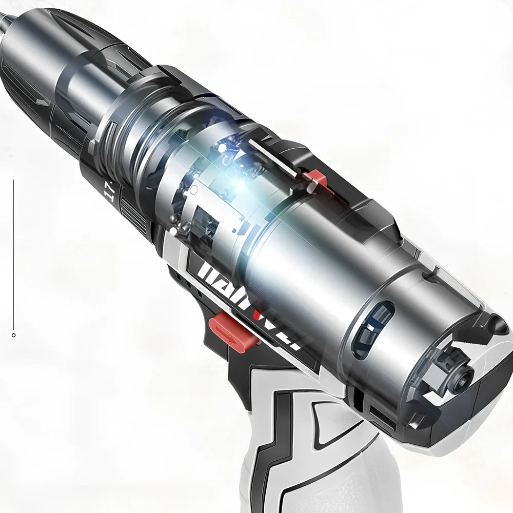 Rechargeable lithium electric drill with pistol grip and 10mm chuck, showing 20cm by 25cm dimensions