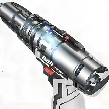 Rechargeable lithium electric drill with pistol grip and 10mm chuck, showing 20cm by 25cm dimensions