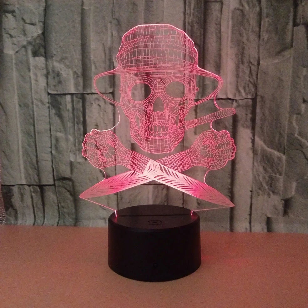 3D holographic skull LED night light with colour-changing options on black ABS base