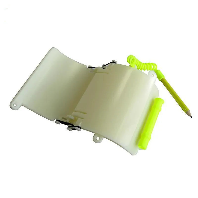 Dive slate wristboard for underwater communication featuring luminous ABS writing surface, 200g lightweight design with spare O-ring seal and included pencil, ideal for scuba diving, freediving, and underwater training.