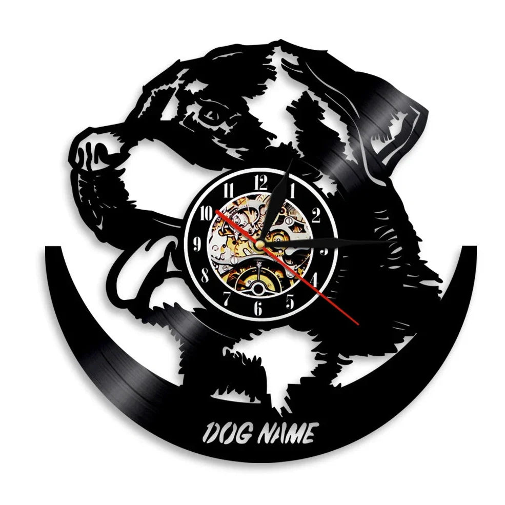 30cm vinyl record wall clock with dog breed designs, silent quartz movement, and pre-installed hook