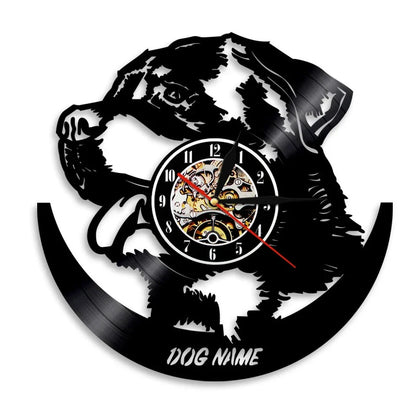 30cm vinyl record wall clock with dog breed designs, silent quartz movement, and pre-installed hook