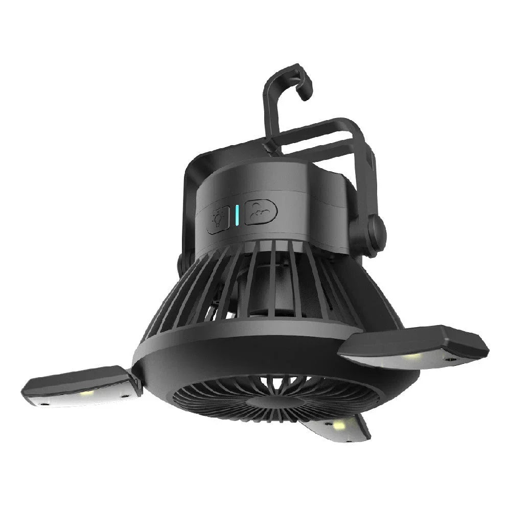 Rechargeable solar-powered camping fan with LED light, featuring a foldable design, hanging hook, and multiple airflow settings for outdoor use
