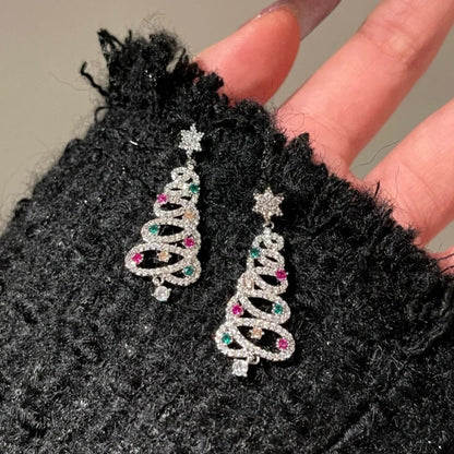 Colorful zircon Christmas tree tassel earrings for women, available in white K and gold.