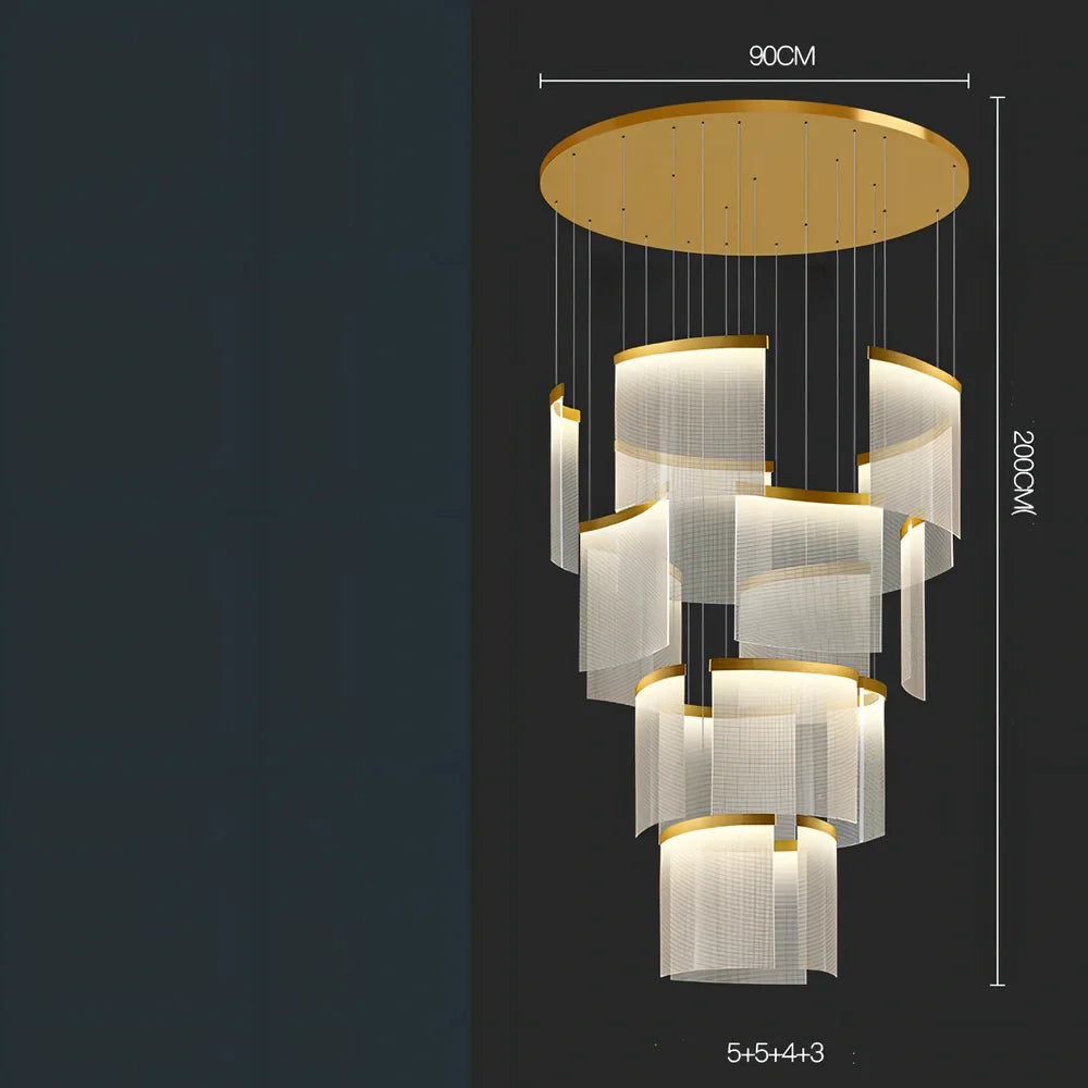 Villa Duplex large chandelier with multiple LED heads and gold mesh grid on stainless steel pendant