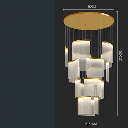 Villa Duplex large chandelier with multiple LED heads and gold mesh grid on stainless steel pendant